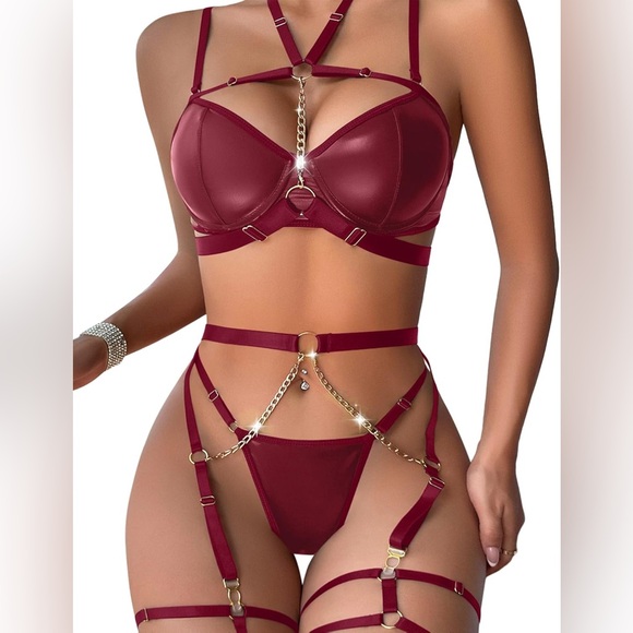 Other - NEW - Sexy Burgundy Pu Leather‎ Strappy Underwire Garter Belt Lingerie Set